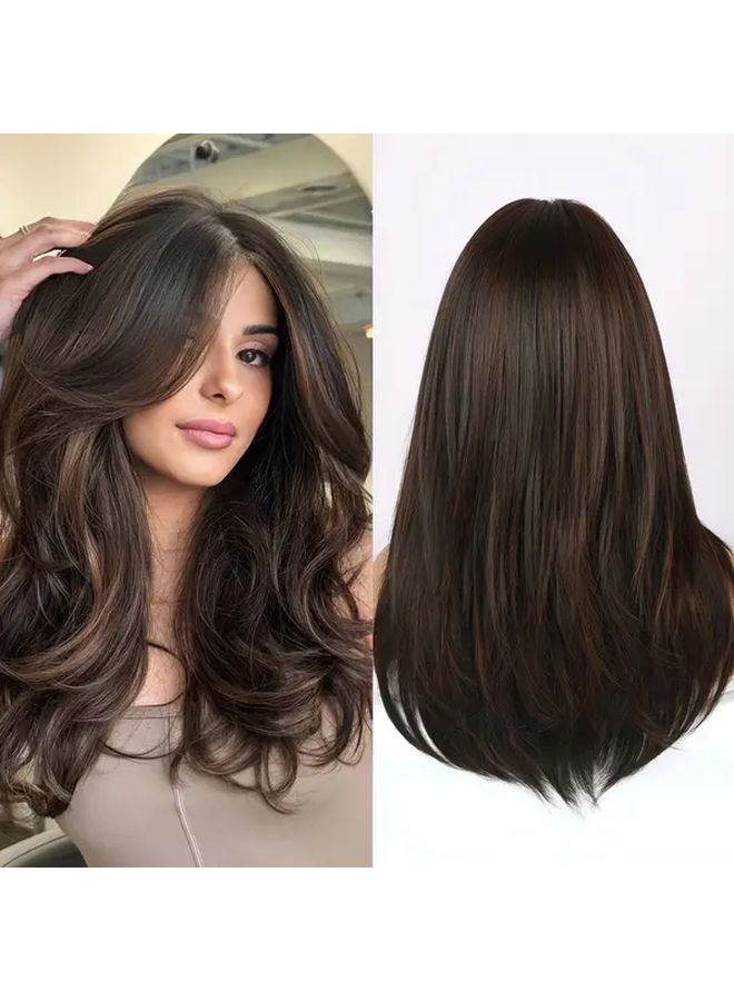 22 Inch Long Straight Layered Synthetic Wig With Bangs Glueless For Women - Image 1